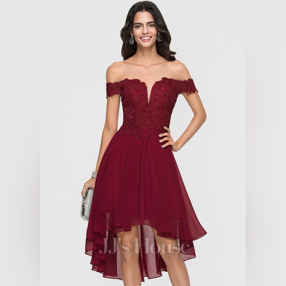 J.J. House NWOT Burgundy High Low Dress Off Shoulders Sweet Heart Neckline PROM